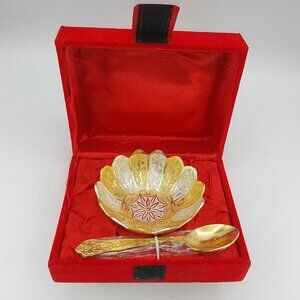 Gold Silver tone 3.5" Lotus Serving Bowl Brass spoon Gift Return wedding INDIA